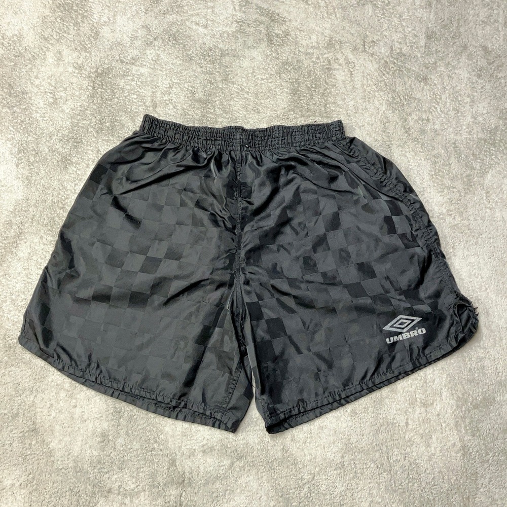 Vintage Umbro Checkered Soccer Shorts 5" Black Shiny Silky Dazzle Mens S FLAW
